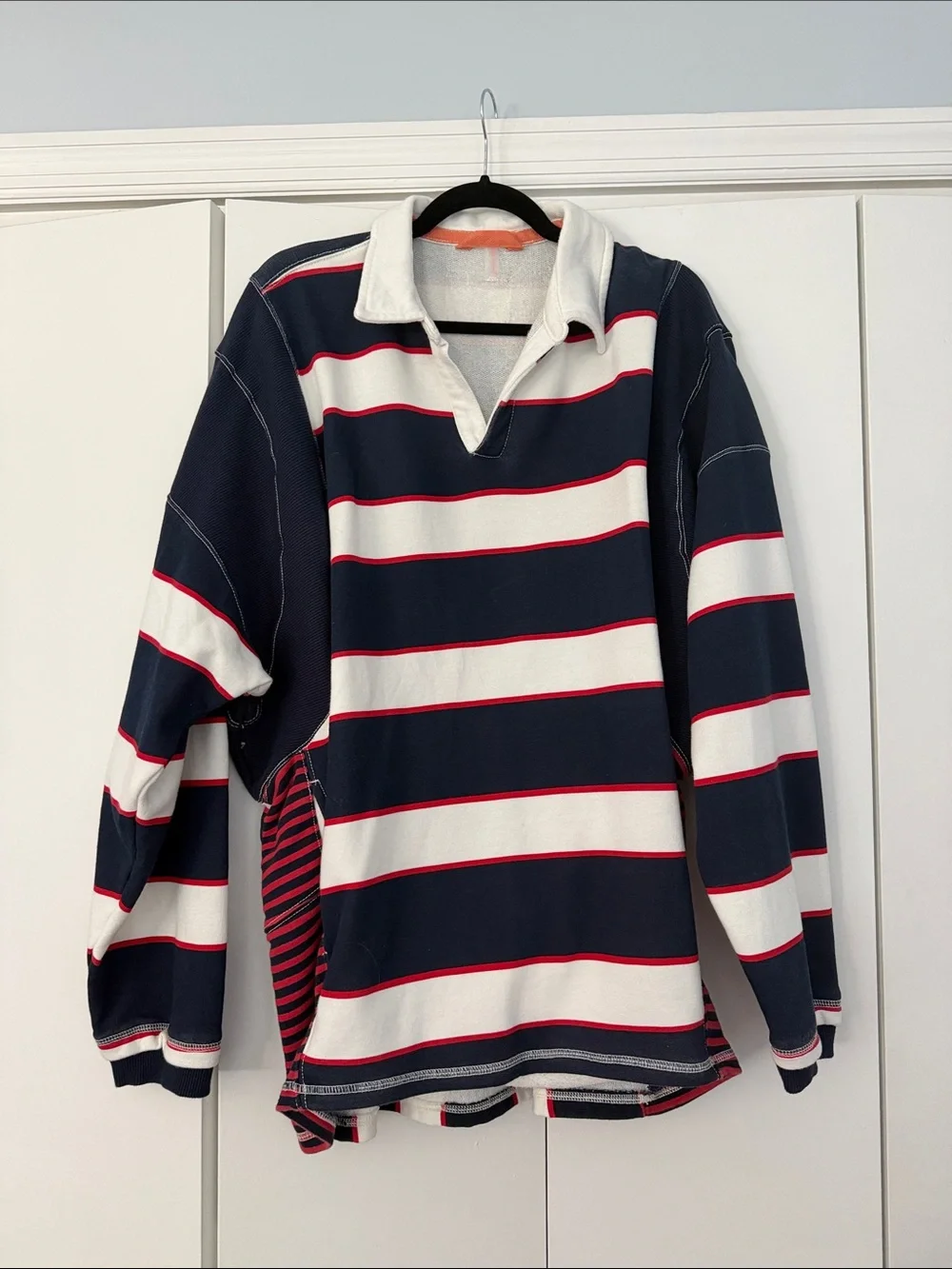 Free People Navy, White & Red Striped V-Neck Rugby Sweater